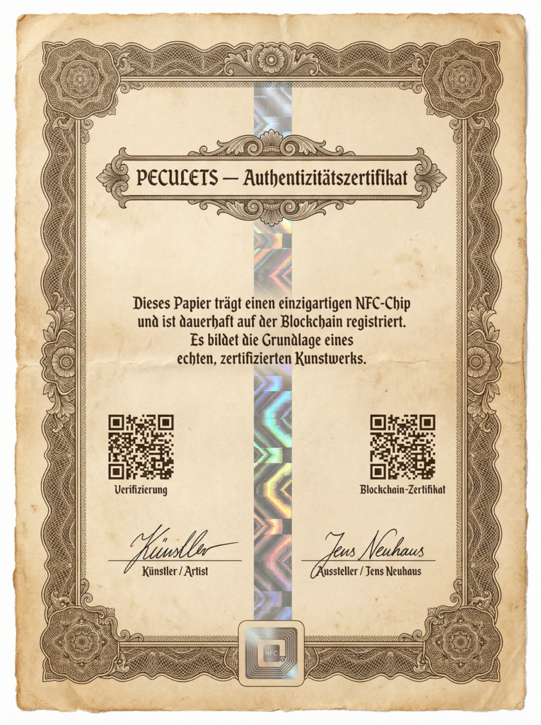 Rückseite des Peculets Spezialpapiers: Authentizitätszertifikat im Stil historischer Wertpapiere mit Hologrammstreifen, QR-Codes und Unterschriften