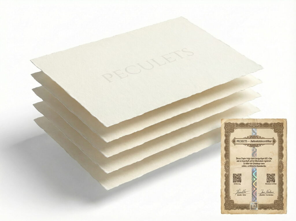 Peculets Starter-Set: fünf gestapelte Bögen Spezialpapier mit Peculets-Prägung und Echtheitszertifikat