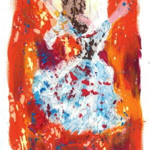 Daytimepraise in the light: tanzende Gestalt im hellblauen Kleid mit erhobenen Armen vor leuchtendem Rot und Orange