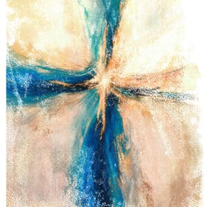 CGGLLW Cross of Golden Glory Light and Living Water: abstraktes Kreuz in Ozeanblau und Türkis auf warmem Sand- und Goldgrund