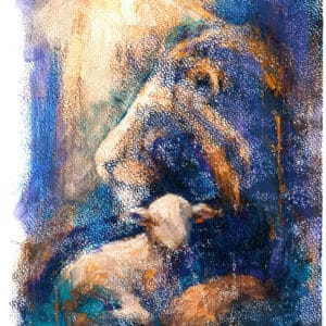 See the lamb, see the lion?: Lamm ruht an der Brust eines Löwen im Lichtstrahl, in Indigo, Violett und Bernstein