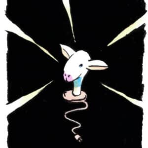 Lambp shining in the dark: weißes Lamm als Lampe mit Kabel und Stecker, Lichtstrahlen auf schwarzem Grund